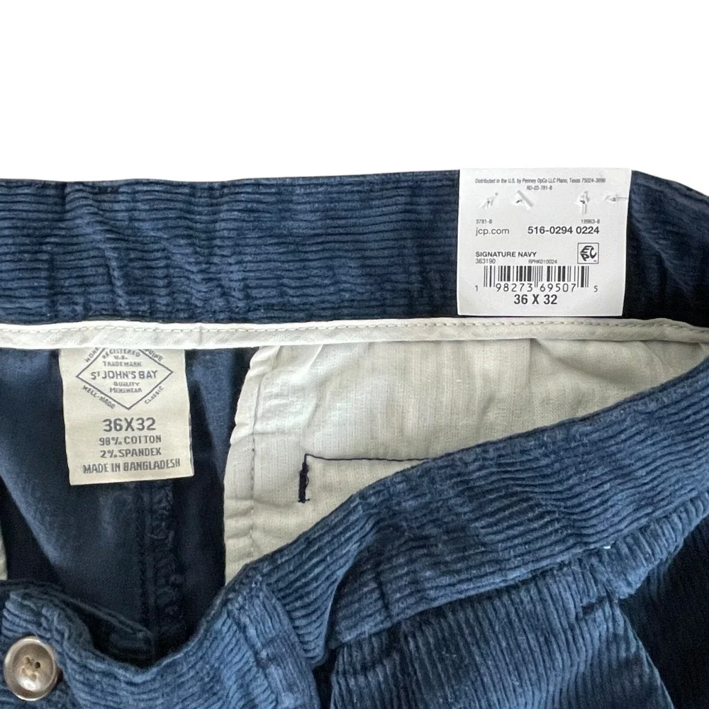 NEW St. Johns Bay Mens Straight Fit Corduroy Pants 36x32 Blue Stretch Flat Front